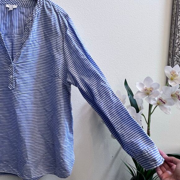 Talbots Linen Band Collar Popover Top Size XL Blue Sweet Stripe Coastal Preppy - Picture 4 of 7